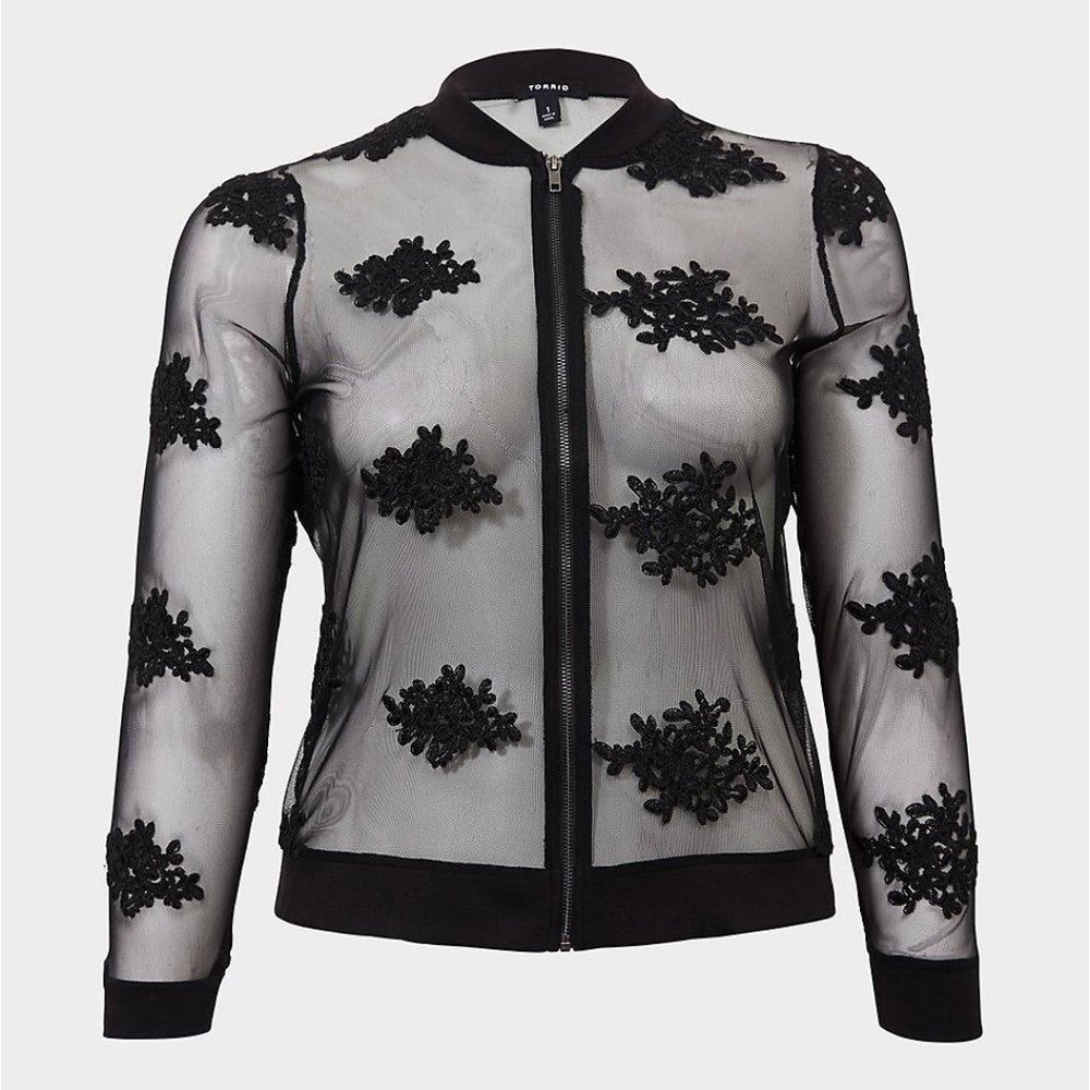 BLACK EMBROIDERED MESH BOMBER JACKET